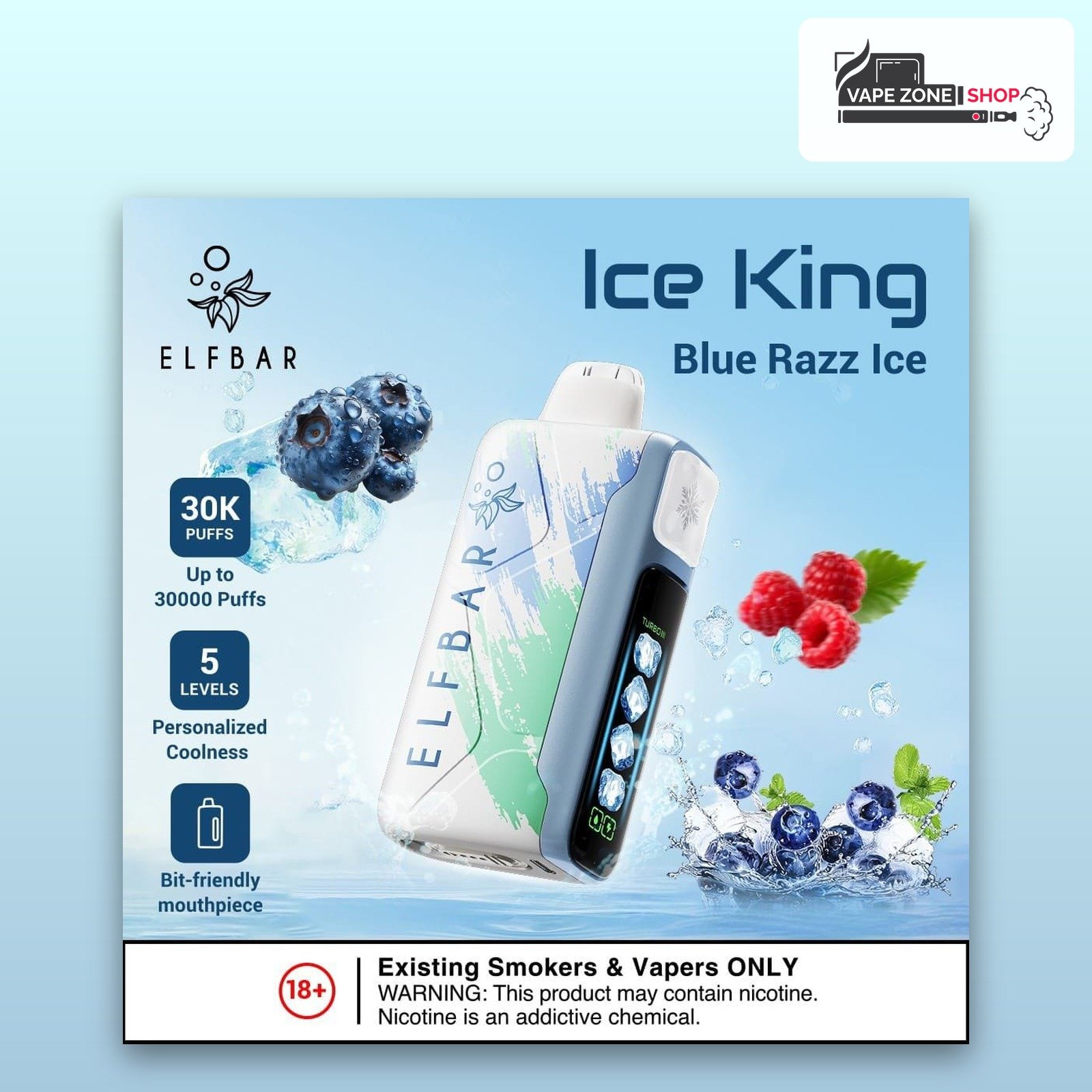 Elf Bar Ice King 30000 Puffs Blue Razz Ice 50mg Disposable Vape Dubai Elf Bar Ice King 30000 puffs disposable vape Blue Razz Ice flavour, 50mg, VapeZone Dubai
